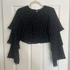 NWT MAJORELLE Black Polka Dot Ruffle Sleeve Crop Blouse